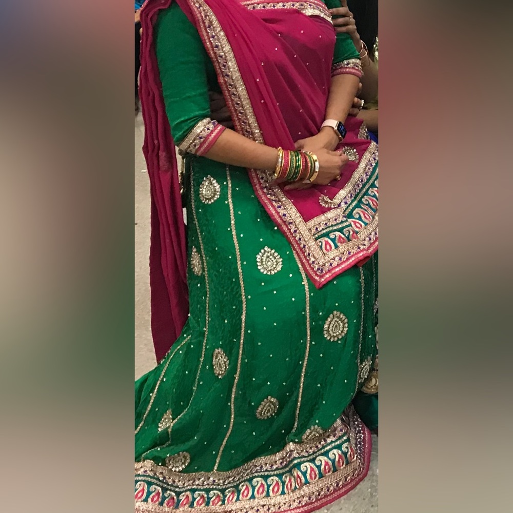 pink green traditional Indian outfit, zardosi kundan lehenga set, chaniya choli